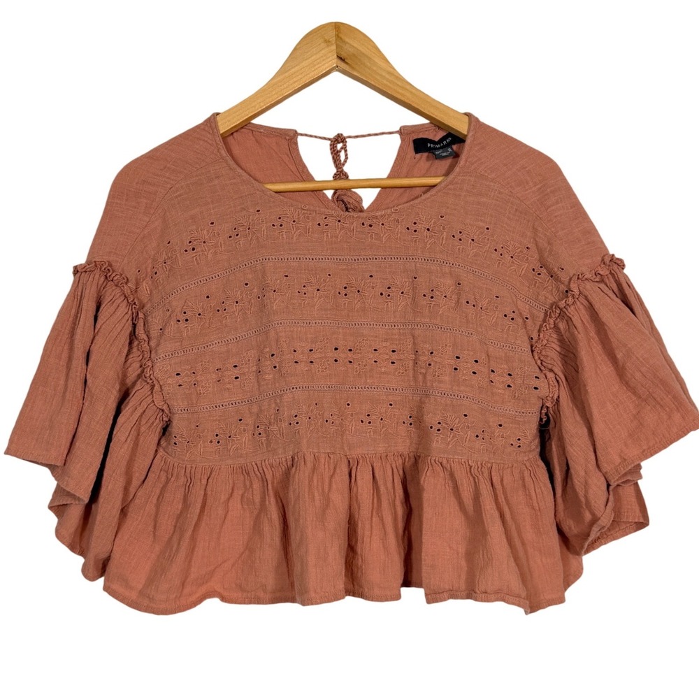 Primark Terracotta Rust Eyelet Embroidered Bell Sleeve Peplum Crop Top Size 10